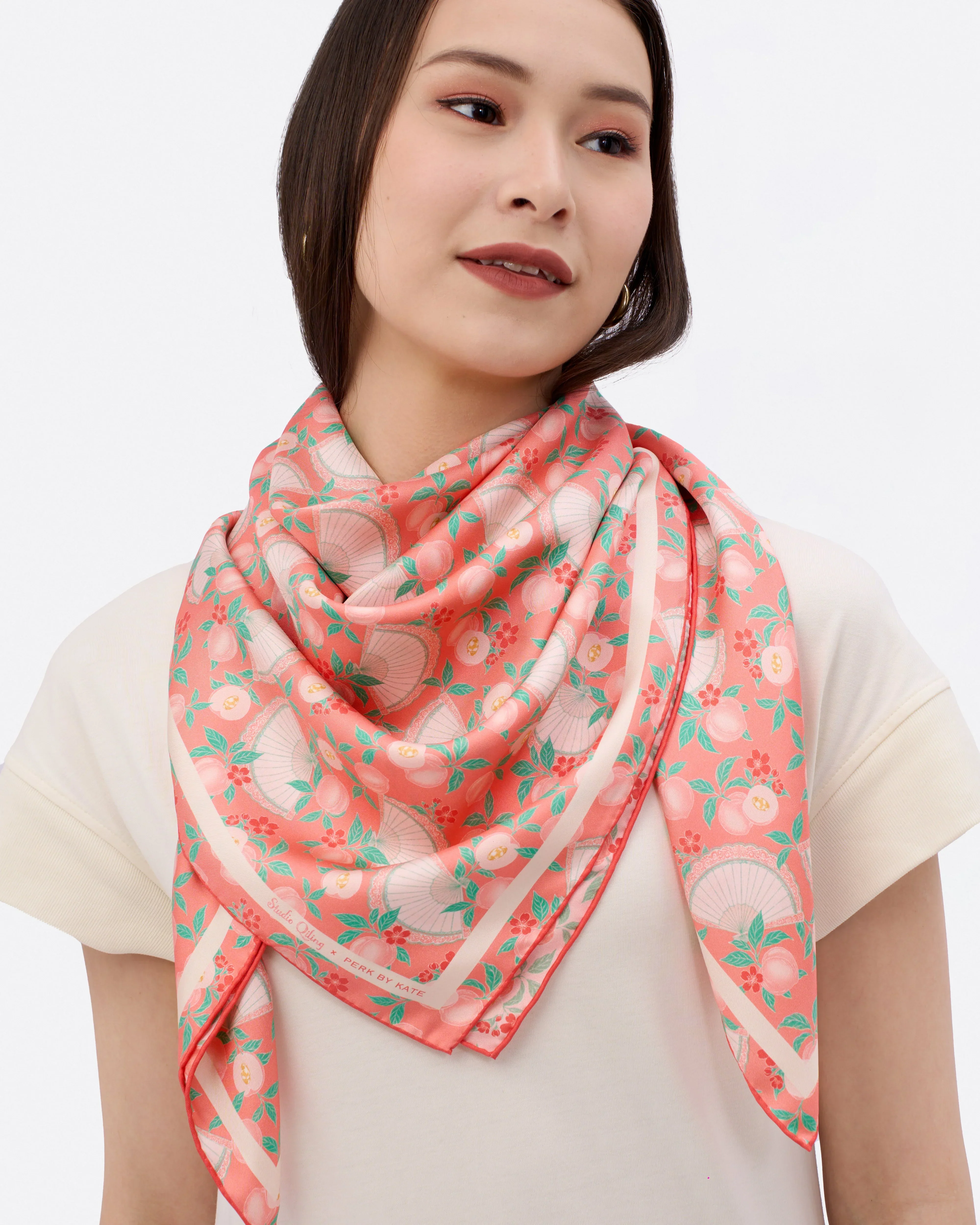 STUDIO QILING | Golden Peaches Pink Coral Double Side Silk Scarf 100 - Image 2