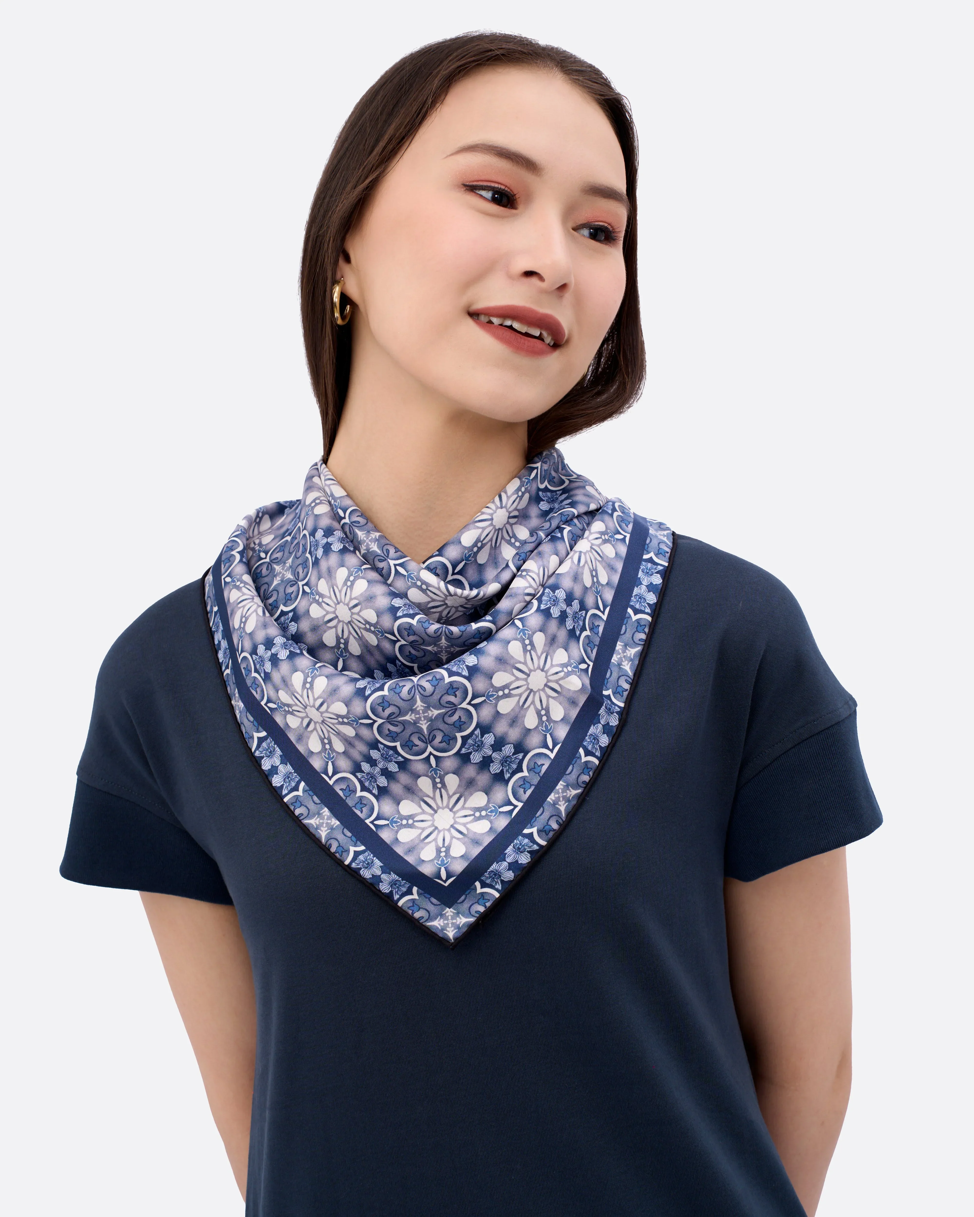 STUDIO QILING | Peranakan Orchid Navy Ink Double Side Silk Scarf 65 - Image 2