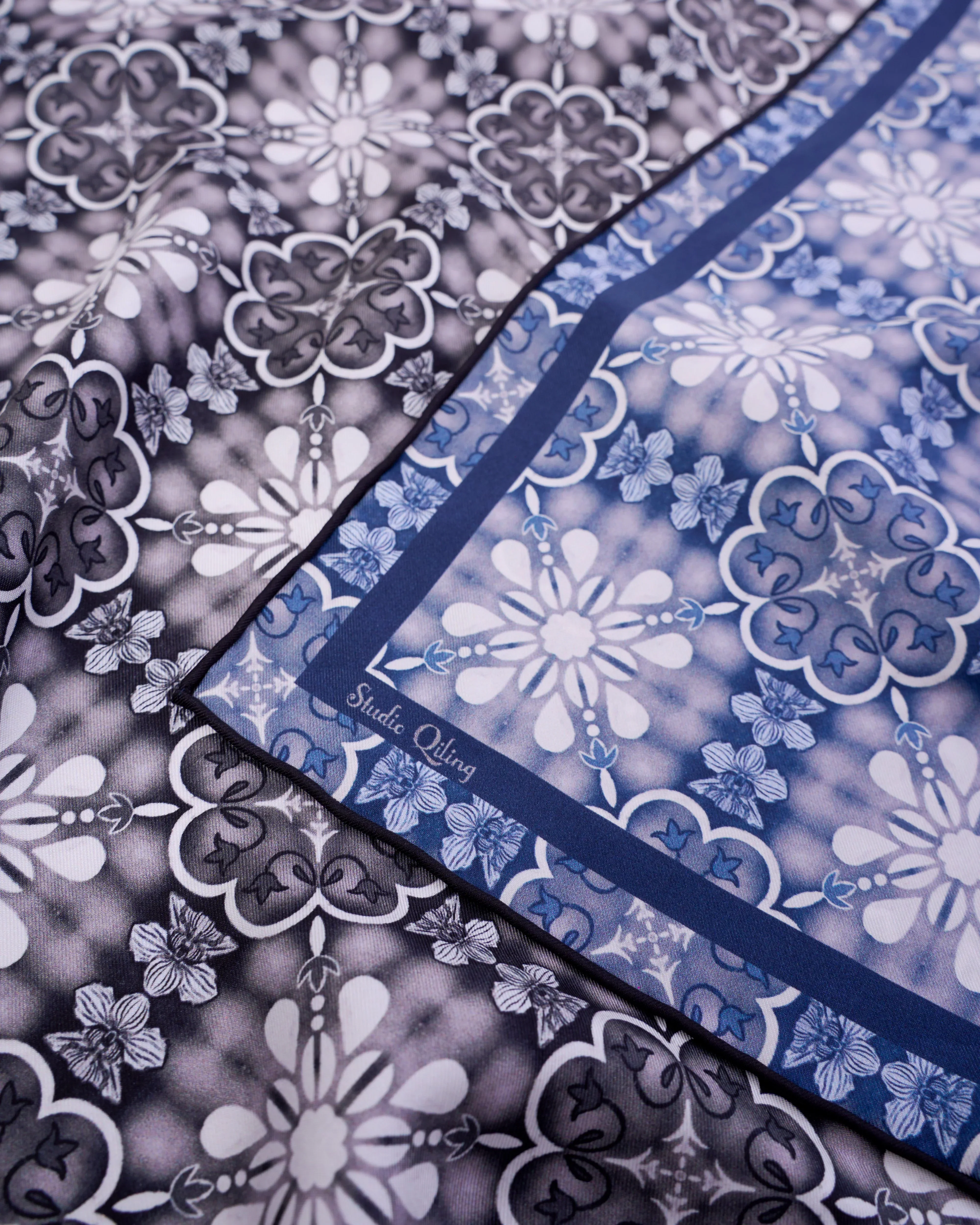 STUDIO QILING | Peranakan Orchid Navy Ink Double Side Silk Scarf 65 - Image 3