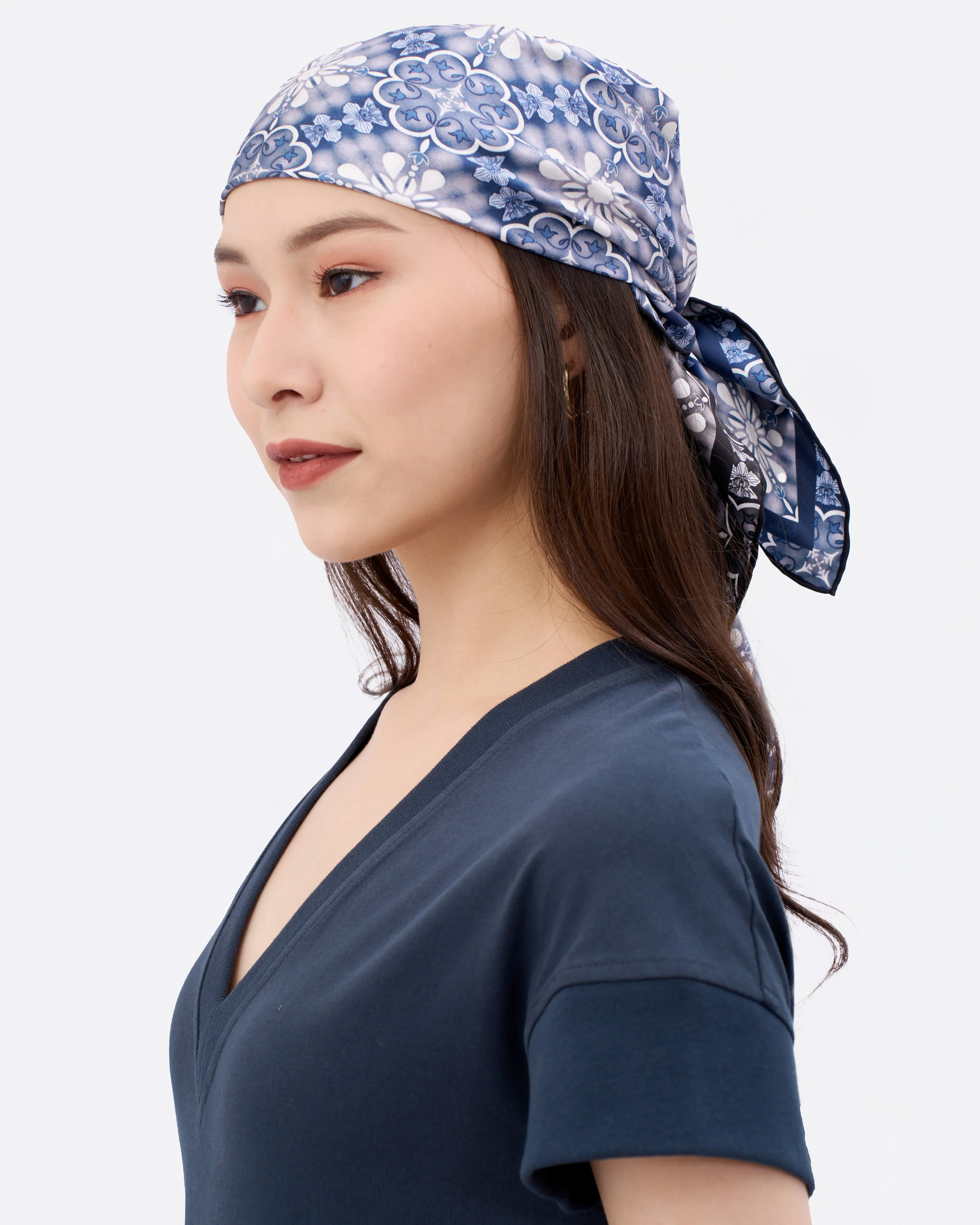 STUDIO QILING | Peranakan Orchid Navy Ink Double Side Silk Scarf 65 - Image 4