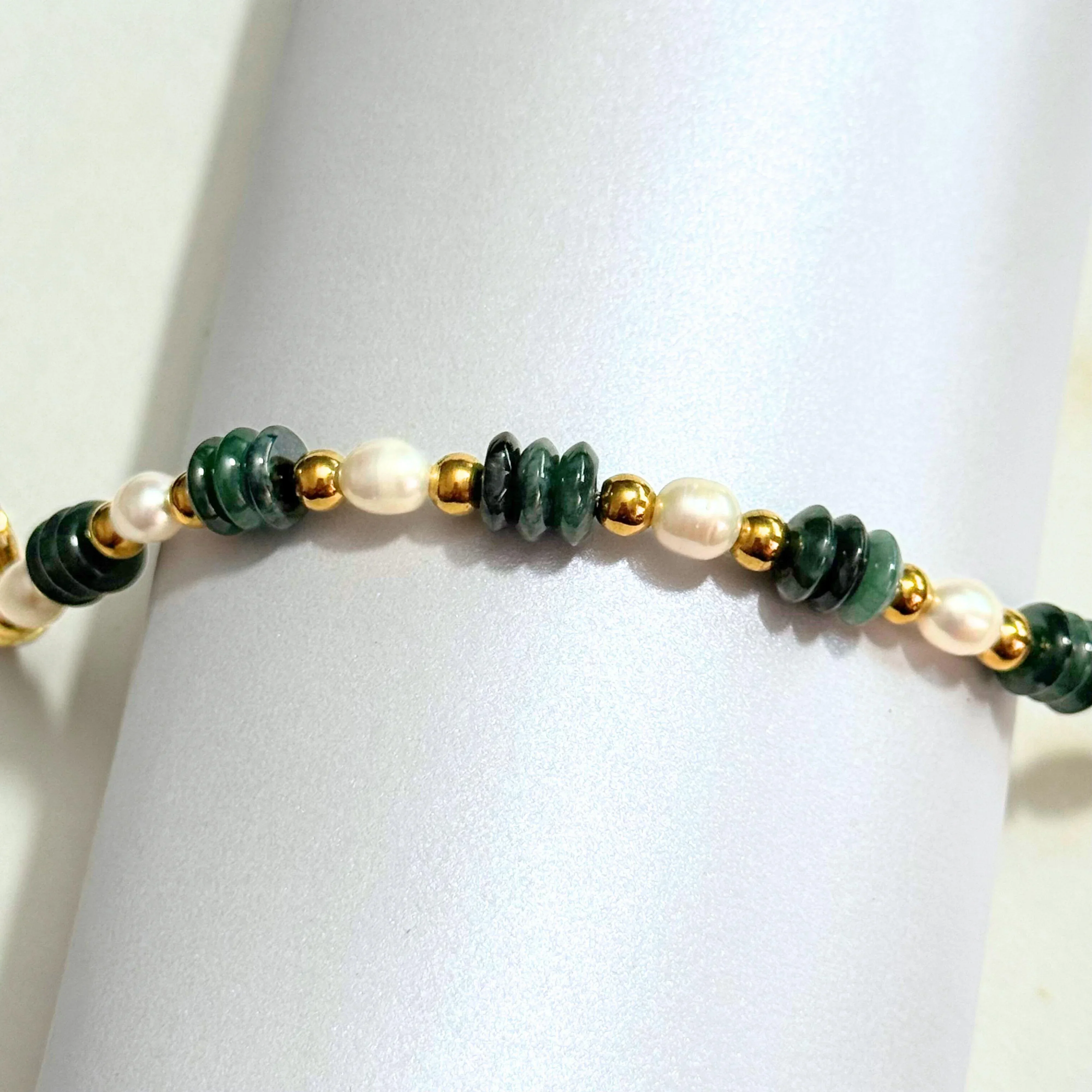 THE ANTECEDENT STORE | B - Dark Green Disc Burmese Jade With Pearl Bracelet